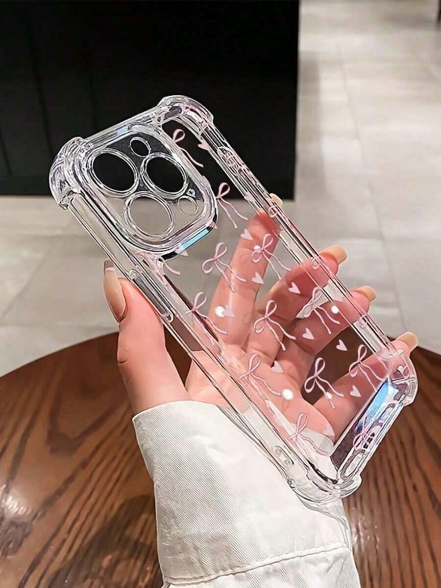 Cute Bow & Heart Design Transparent Phone Case, With Shock-Proof Edges, Compatible With 14/15/16/16 Pro Max/12 Pro/11/Xr/Xs/7/8 Plus - Durable TPU Material - Silver - View 1