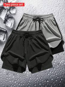 2 piezas Pantalones cortos deportivos informales con cordón para hombre, pantalones ligeros, transpirables, de secado rápido y elásticos para exteriores, primavera/verano 2025