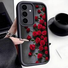 1 Stück Blumen-Elemente Mode Rot Rose stoßfeste Handyhülle, dick rutschfester Schutzüberzug kompatibel mit iPhone 17/17 Air/17 Pro/17 Pro Max, kompatibel mit Honor, kompatibel mit Redmi, kompatibel mit Galaxy, wasserdicht, sturzsicher, kratzfest, internationale Version, nicht die inländische Version Frühling - Schwarz - Übersicht 2