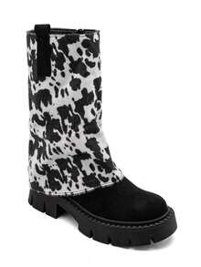 High-Top, Soft-Shaft, Cow Print Boots With Sturdy, Durable Thick Soles - COW BLACK 2505 - View 2