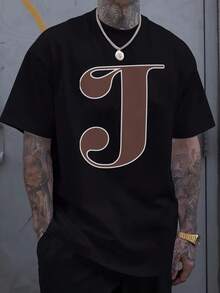 Camiseta gráfica de hombre de gran tamaño - Impresión de letra J en negrita, diseño de rayas blancas y marrones, camiseta casual de verano 100% algodón, lavable a máquina, ajuste regular, camiseta de manga corta para atuendo casual, camisa de ajuste relajado| Camisa de algodón duradera - Negro - Ver 2