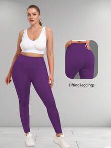 Leggings Plus Size Femininas com Bolsos, Calça de Ioga Elástica com Controle de Barriga, Cintura Alta, Leggings de Exercício - Bold Plum - Visão 4