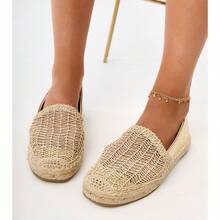 Women Simple Vacation Patchwork Espadrilles Flat Shoes - Gold - View 3