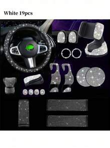 19 件闪亮汽车配件女士方向盘安全带套换档盖手机支架杯垫可爱汽车配件套件，汽车配件套装，可爱内饰套装装饰（黑色、白色、粉色、红色） - 粉色 - 查看 14