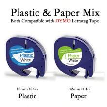 2PK Compatible Dymo LetraTag Refills 12mm X 4m, Black On White Plastic Label Tape, Replacement For 91331 (91201 S0721660), For DYMO LetraTag LT-100H, LT-100T, LT-110T Label Makers