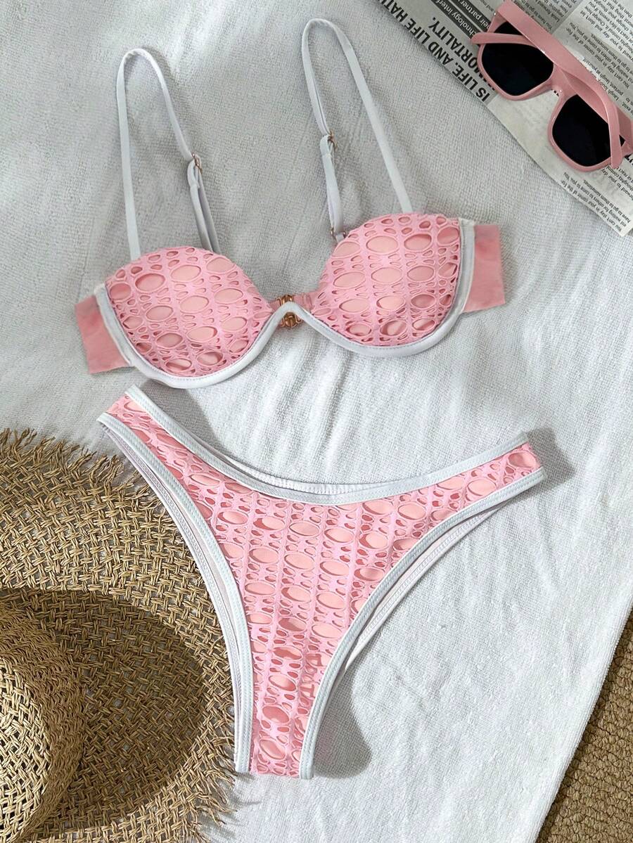 Bikinx Summer Beach Mesh Sexy Underwire Bikini Set, Contrast Color Swimwear - Pink - View 1