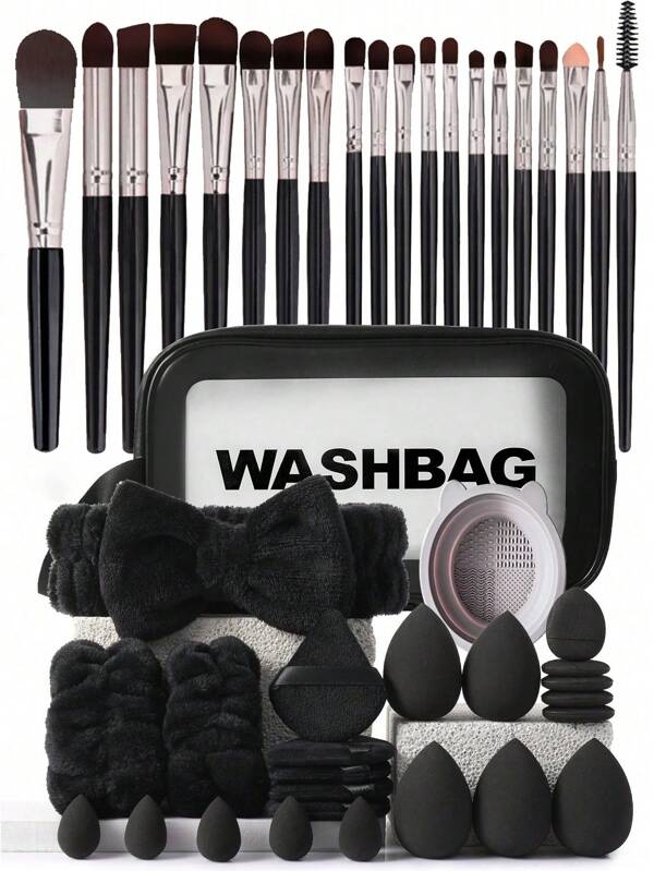 45pcs Makeup Brush Set, Mixed Makeup Beauty Tools, Including: 20pcs Makeup Brushes, 1pc Makeup Bag, 5pcs Beauty Eggs, 5pcs Powder Puffs, 5pcs Mini Beauty Eggs, 5pcs Mini Finger Powder Puffs, 1pc Headband, 2pcs Wristbands, 1pc Cleaning Tool