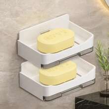 صحن صابون بلاستيكي، تصميم حديث بسيط، يُثبّت على الحائط دون الحاجة إلى ثقب، بشكل مستطيل مع صينية تصريف، لتخزين الحمام والمطبخ
