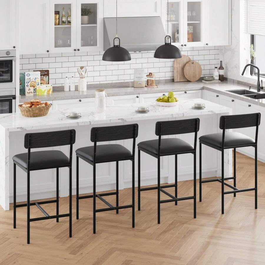 Bar Stools Set Of 4, 37 Inch Barstools With Metal Legs PU Seats Chairs With Backrest Kitchen Height Upholstered Stools With Footrest Breakfast Bar Stools For Dining Room, Kitchen, Party - 黑色 - 查看 1