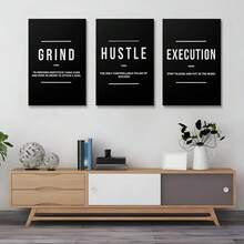 GUBIYU Black Hustle Grind Execution Wall Art Set Of 3 Framed Canvas Office Inspirational Motiviational Wall Decor Art Positive Quotes Posters Living Room Pictures Walls Decor Mens Guys 12x16 - A012 勵志牆畫 - 查看 2