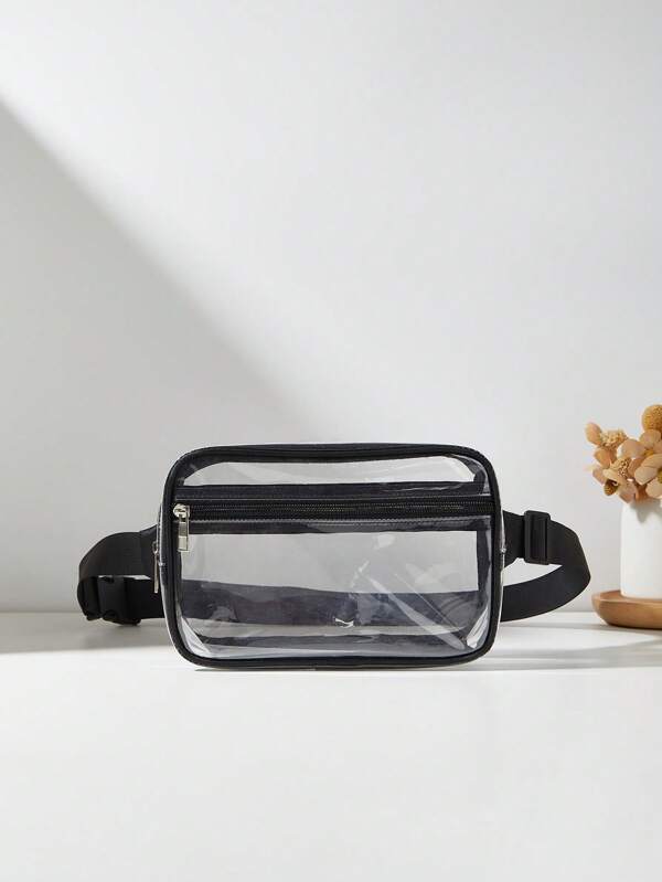1pc Fashion Contrast Color Frame Clear Fanny Pack Chest Bag, Adjustable Length, Zipper Closure, Large Capacity, Suitable For Beach, Shopping, Traveling