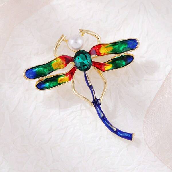 1pc Blue Dragonfly Brooch, Handmade Korean Style Oily Metal & Pearl Insect Decor Pin, Wholesale Cartoon Metal Pearl Brooch