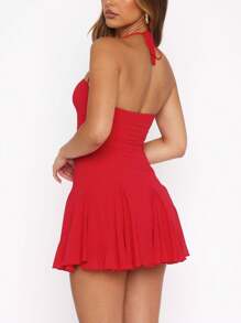 Womens Y2k Summer Halter Solid Color Mini Dress Sleeveless Open Back Tie Up Short Dress Fashionable Ruched A-Line Slim Fit Dress Casual Going Out Bodycon Dress