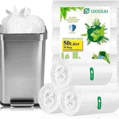 白色垃圾袋50/30/20升垃圾袋可折叠脚踏垃圾袋大号垃圾袋90/40/30个装强力垃圾袋，适用于厨房、卧室、客厅、办公室、户外15-55升垃圾桶的垃圾袋。