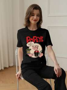 女士夏季新款彩色字母卡通人物印花圆领短袖休闲T恤，时尚百搭，适合春夏穿着 - 黑色 - 查看 2