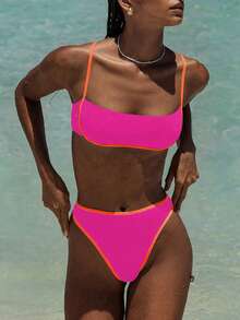 Women Simple Spliced Tie Back Sexy Bikini Set High Waist Bathing Suits Beach Outfit