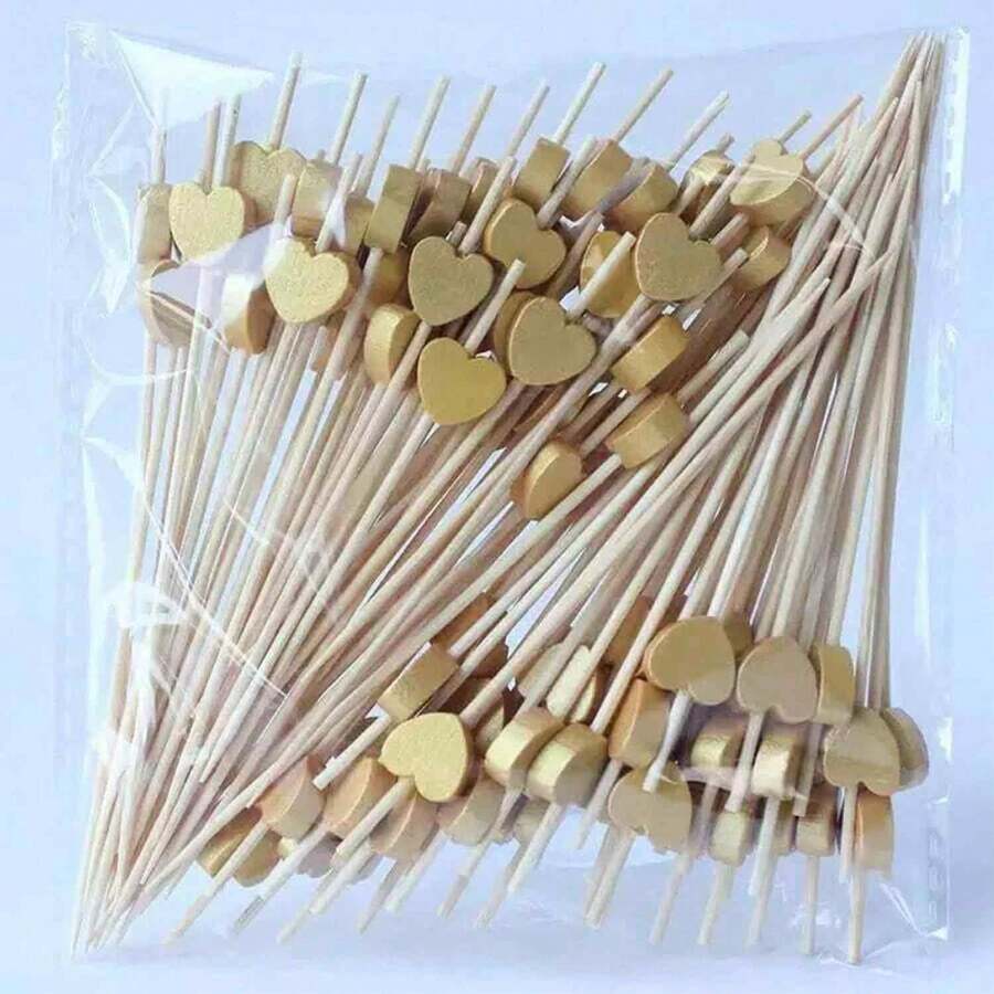 800/400/300/100/50/10 件心形竹签，适用于纸杯蛋糕、水果、沙拉、开胃菜、鸡尾酒串、婚礼装饰、粉色心形鸡尾酒棒三明治水果开胃菜竹牙签、夏季派对用品 - 金色 - 查看 1