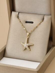 1 件精美不锈钢水钻海星项链和 1 对精美不锈钢水钻海星耳环，女士沙滩珠宝，海洋主题系列，沙滩配饰 - 金黃色 - 查看 8