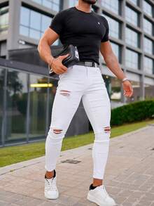 White Ripped Skinny Jeans For Men, Fashionable Casual Pants - White - View 4