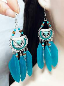 1 Cặp bông tai dài lông vũ tự nhiên phong cách Bohemian dành cho nữ - trắng - Xem 2