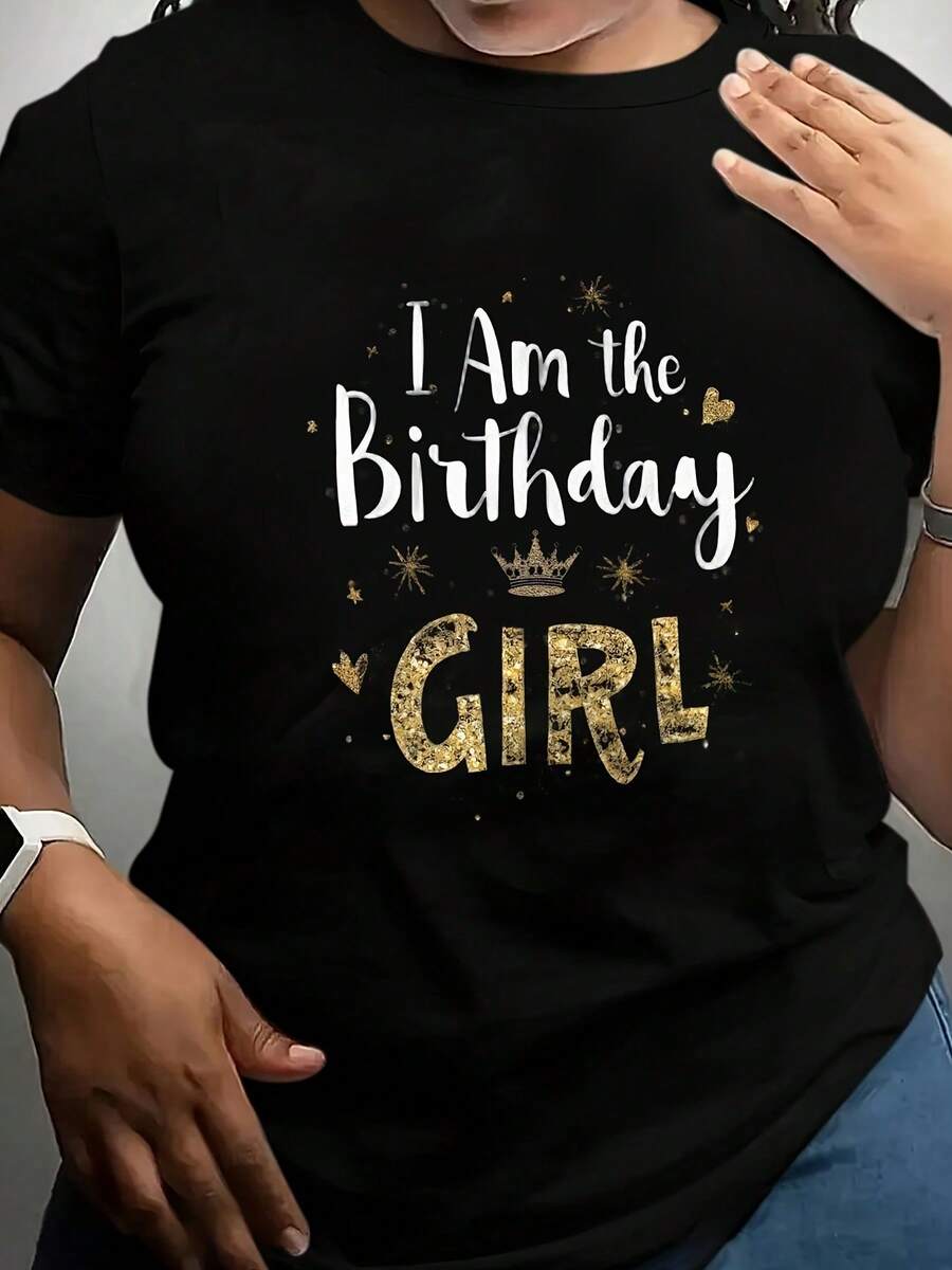 I Am The Birthday Girl T-Shirt - Women's Casual Crew Neck Short Sleeve Tee, Glitter Gold Print, Soft Comfortable Cotton Blend, Perfect Birthday Gift For Her, Party Celebration Outfit - 黑色 - 查看 1