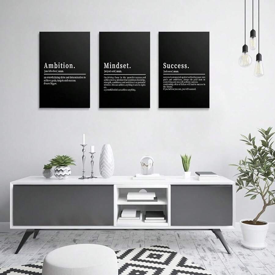 GUBIYU Black Hustle Grind Execution Wall Art Set Of 3 Framed Canvas Office Inspirational Motiviational Wall Decor Art Positive Quotes Posters Living Room Pictures Walls Decor Mens Guys 12x16 - A010 黑白 - 查看 1
