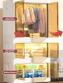 便携式衣柜，易于安装的可折叠衣物收纳盒，坚固耐用，适用于卧室、出租屋、婴儿和儿童 - 白茶 - 查看 5