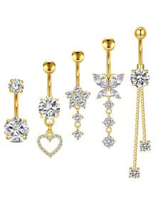 Set de 5 piezas de 14g de barras de ombligo de acero inoxidable con aros colgantes de ombligo para mujer, joyería de perforación con colgantes de corazón, flor y mariposa en plata y oro