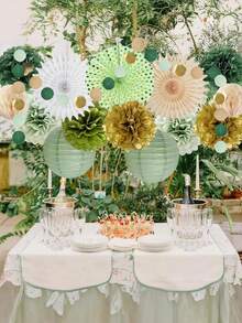 15 件鼠尾草绿色纸扇、灯笼和圆形纸花环，适用于婚礼派对装饰、圣诞节 - 彩色 - 查看 2