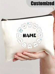 Customized Name Toothbrush, Tooth Print Cartoon Bag, Women's Cosmetic Bag, School Pencil Bag, Travel Toiletry Bag, Women's Reusable Toiletry Bag Storage Bag Handbag Coin Purse Party Gift School Pencil Case Dentist Gift Cosmetic Bag School Supplies Travel Essentials Cosmetic Bag Holiday Essentials Cosmetic Bag Cosmetic Storage Bag Holiday - White - View 10