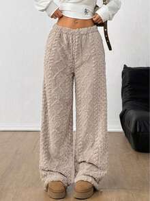 Pantalones sueltos con cordón de unicolor y esponjosos para mujer de talla grande - Café integral - Ver 2