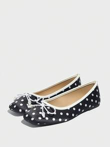 Scarpe da ballo a pois nere con punta quadrata per donne taglia forte, comode scarpe casual slip-on adatte a vestiti, ballerine con fiocco, nuovi arrivi primavera/autunno 2025 - nero - Visualizzare 7