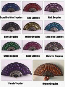 1PC绣花亮片扇孔雀尾亮片扇适用于舞台舞蹈配饰日常家居凉扇居家柜台摆件烫金刺绣礼品扇扇子绣花扇夏季必备凉扇旅行配饰