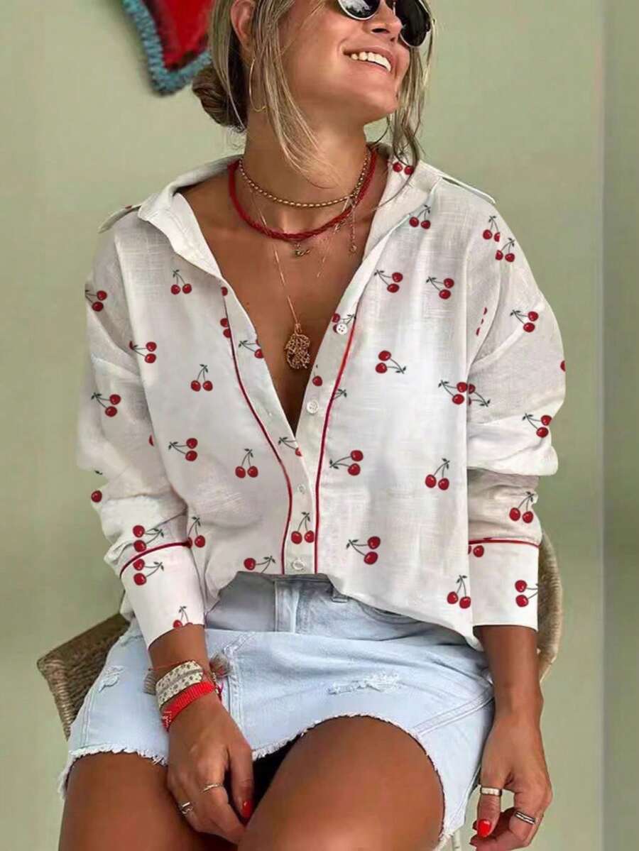 女士樱桃印花长袖纽扣衬衫 春季度假 - 紅白色 - 查看 1