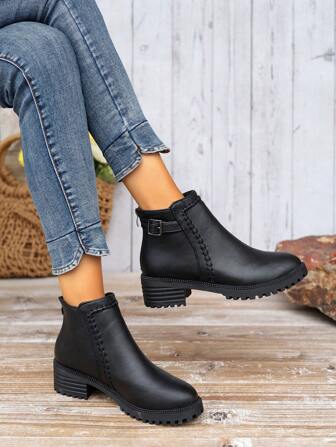Women's Fashionable Solid Color Retro Back Zipper Short Boots, Suitable For Outdoor, Office, Spring And Winter,Boots For Women