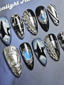 10pcs Handmade Y2K Style Medium Almond Nail Tips, Featuring Black Gradient, Blue Gradient, Hand Drawn Pentagram, And Sparkling Diamond Nail Art Decoration. Suitable For Women To Wear At Parties, Dances, And In Daily Life. - 彩色 - 查看 4