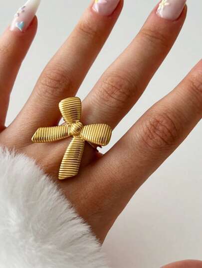 1 pièce Bague-nœud à la mode pour femmes, couleur or en acier inoxydable, bague ouverte et réglable, bijou de plage, de fête et d'été, idée cadeau