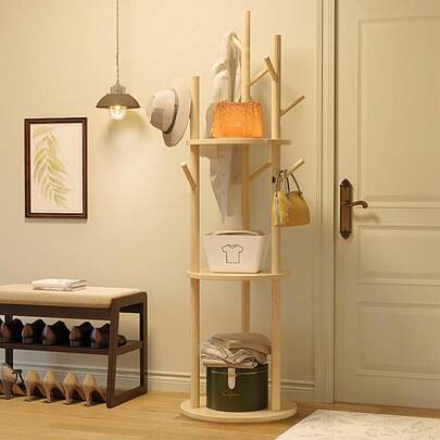 自然木目仕上げの頑丈な木製コートラック、3つのフックと簡単に組み立てられる9段収納棚付き、スペースを節約し転倒防止設計。廊下や玄関での大容量収納に最適