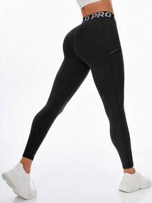 Plus Size 1pc Spring & Autumn New Arrival Hot Selling Letter Waist Yoga Pants, Women's Lifting Tummy Control Outer Wear Leggings, Black With Side Pockets Outdoor Casual Versatile Fitness Pants - Suitable For Daily Wear - Black - View 6