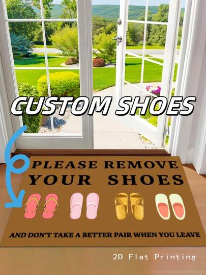1pc Customizable Slipper Pattern Doormat, Brown Color With Slipper Reminder, Available In 40*60cm Or 80*120cm Size, Non-Slip Rectangular Easy To Clean Washable Rug Suitable For Entryway, Bathroom, Kitchen