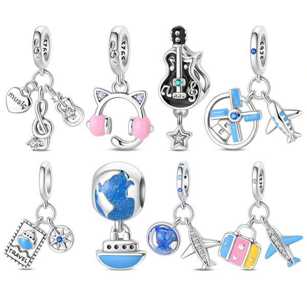 1 pièce Pendentif de la série de voyage en argent sterling S925, avion, bagage, navire, moulin à vent, écouteurs, notes de guitare, collier de mode personnalisable DIY, fabrication de bracelets, bijoux pour femmes