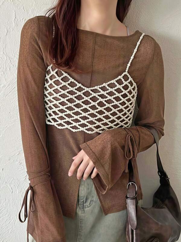 1Pc Teen Style Pearl Halter Sweet Fashion Girls Beaded Top Music Festival Bar Party Handmade Knitted Pearl Undershirt Body Chain Women's Clothing And Accessories