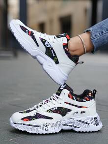 1 Pair Patchwork Color-Block PU Lace-Up Canvas Breathable New Skull, Pumpkin, Tombstone, Ghost, Spider & Spider Web, Bone Random Print Round Toe Platform Sneakers, Halloween Gift For Teenagers - Black - View 3