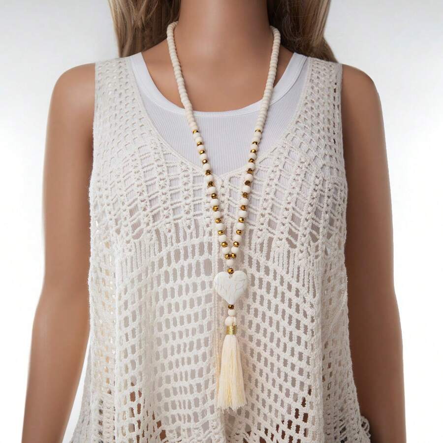 Elegant Bohemian Style Long Y-Shape Women's Necklace With Heart & Wooden Beads - Versatile Fashion Accessory For Casual Attire & Gifting, Gift Accessory|Yshaped NecklacePendant Necklace - 白色 - 查看 1