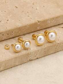 1 Pair/2pcs Minimalist Retro Round Button Faux Pearl Earrings, Women's Stainless Steel Jewelry (No Gift Box) - Gold - View 3