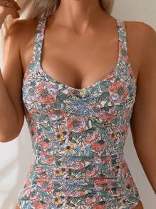 Women's Summer Beach Vacation Floral Print Backless One-Piece Swimsuit