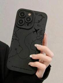 Summer 1pc Airplane/Map Pattern Matte Anti-Fall TPU Phone Case Suitable For IPhone17/IPhone17 Air/IPhone17 Pro/IPhone17 Pro Max/16 Pro Max/15 Pro Max/14 Pro Max/13 Pro Max/12 Pro Max/11 Pro Max Waterproof Shockproof Scratch Resistant - Black - View 5