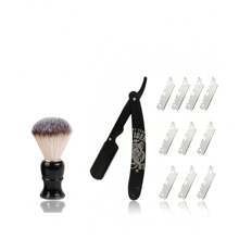 Men's Straight Razor Kit, Including 10PCS Stainless Steels Blades, Razor With Mental Handle With 3D Engraving Design,Black Classic Vintage Look For Barber Razor Manual Shaving For Haircutting, Beard Shaping, And Eyebrow Trimming For Men