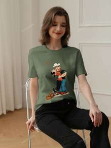 Camiseta casual de manga corta con cuello redondo y gráfico de Popeye para mujer, de uso versátil y de moda para uso diario en primavera/verano
