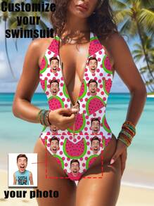 1 pieza Traje de baño personalizado para mujer, con diseño facial personalizado, con cremallera y espalda descubierta, de cintura alta y sin mangas, sexy y femenino, adecuado para piscina, playa y vacaciones, traje de baño para niñas